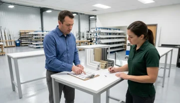 Manufacturing sales coordinator and B2B client review a window quote with vinyl profile samples in a modern factory setting.