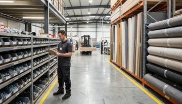 Worker checking inventory of hardware and materials in a clean, organized furniture manufacturing warehouse for production planning.