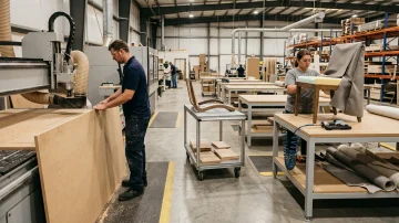Manufacturing facility with CNC router and upholstery station, showcasing production planning and inventory control with Seradex ERP.