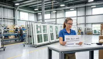 Female plant manager reviews manufacturing performance analytics on a printout in a modern window factory, aided by ERP software.