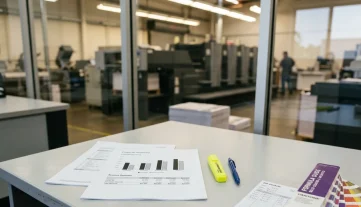 Financial summary report on a desk in a commercial printing office, with printing presses visible behind a glass partition, showing the need for ERP manufacturing software for production planning and inventory control.