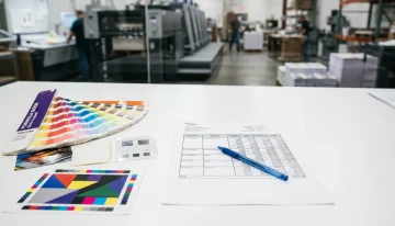 Printing company desktop with quote, Pantone guide, material samples, and blurred printing press in background.