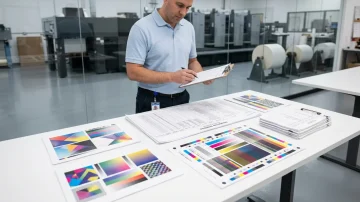 Production coordinator in a modern printing facility cross-referencing a job docket with a large printed production schedule. Shows efficient shop floor management for manufacturing ERP.