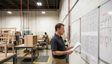 Production supervisor reviews paper schedules and job travelers in a modern furniture manufacturing plant for production planning.