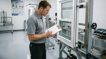 Manufacturing quality control technician inspecting a white vinyl window in a clean facility, using a checklist to ensure product quality and compliance.
