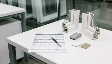 Window configuration quote with material samples: vinyl frames, glass spacers, and hardware chips on a white desk.